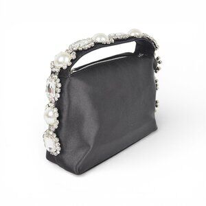 BNWT Brand New Rhinestone Pearl Embellished Top Handle Satin Soft Clutch Bag